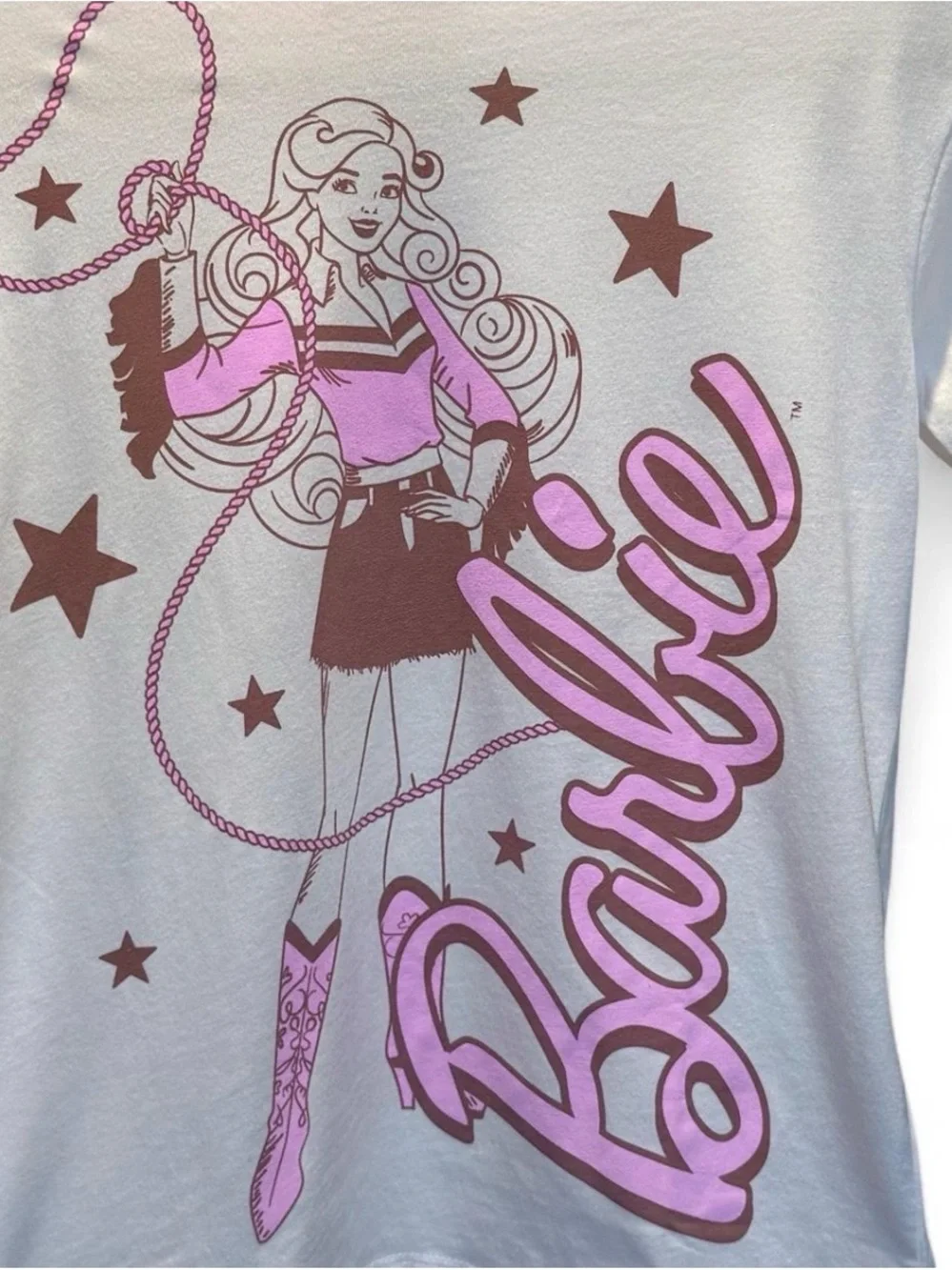 Barbie Graphic Tee in White with Pink and Brown Print size medium